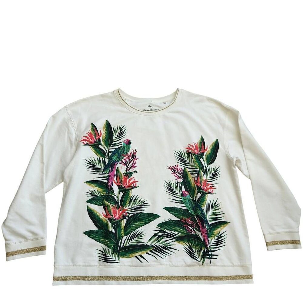 Tommy Bahama Sweatshirt Womens XL Parrots Birds Tropical Travel Paradise Athleti - Picture 2 of 4